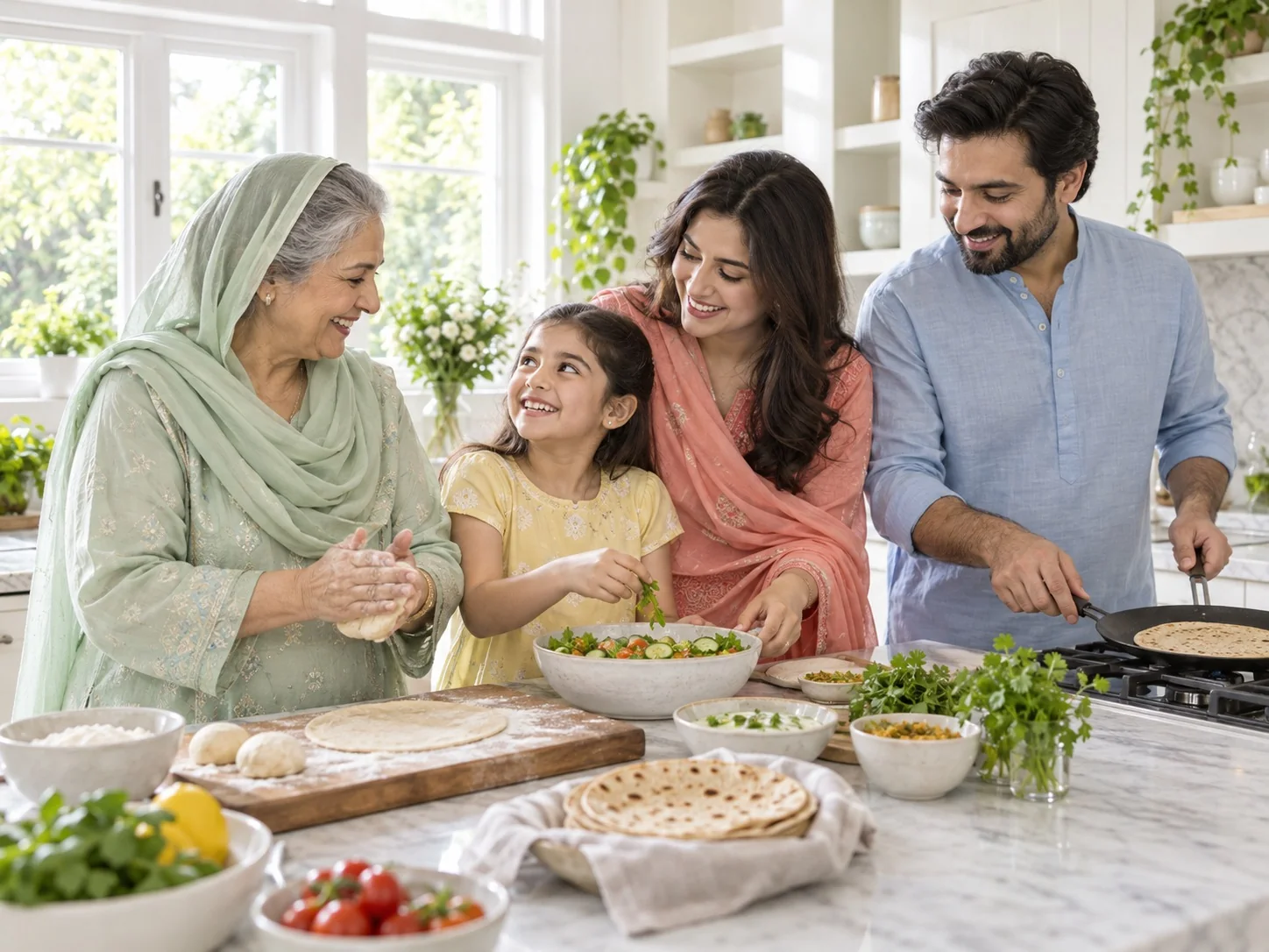 Multigenerational Pakistani family preparing a meal together