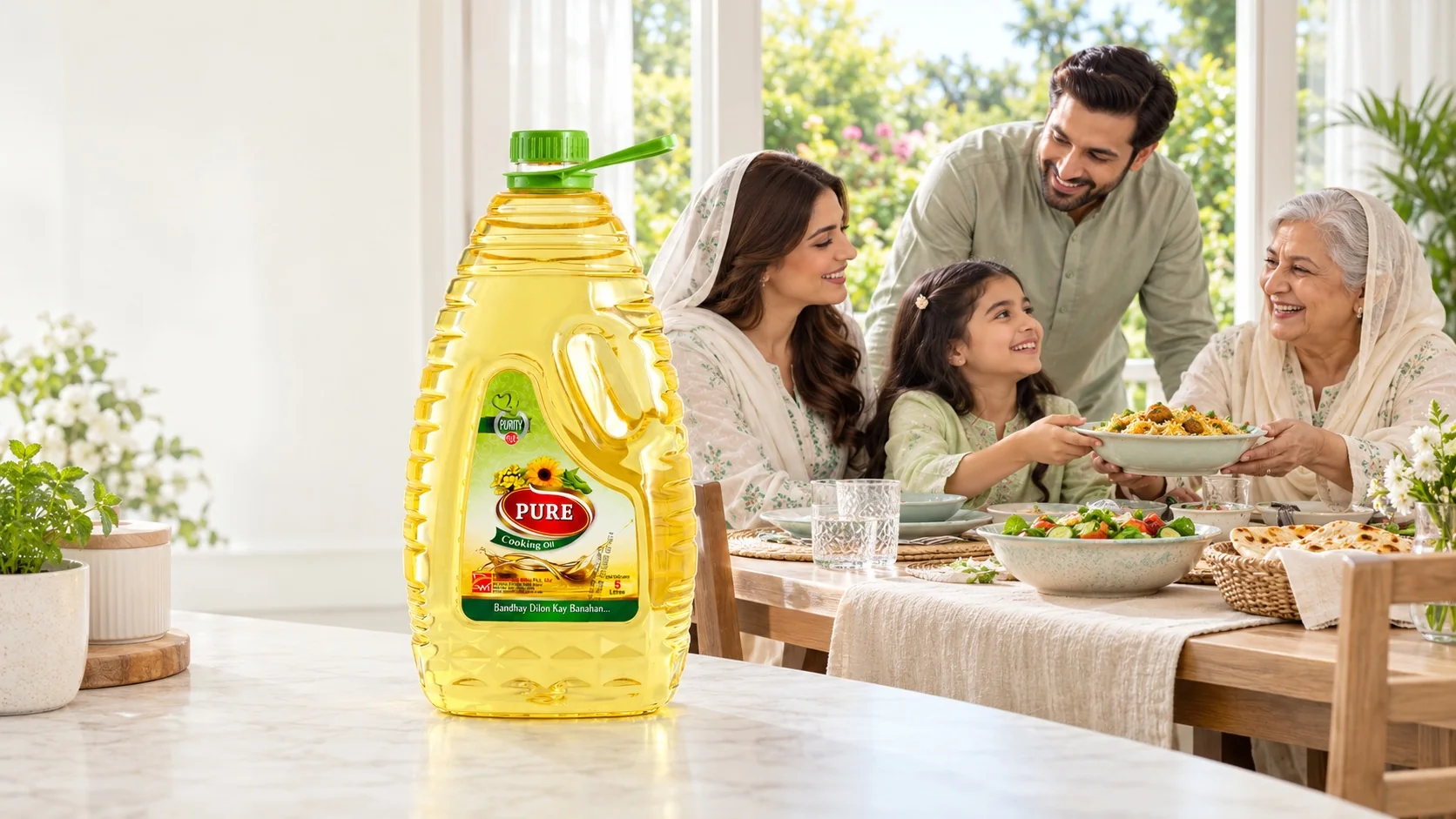 One Pure Cooking Oil bottle with a happy Pakistani family sharing a meal