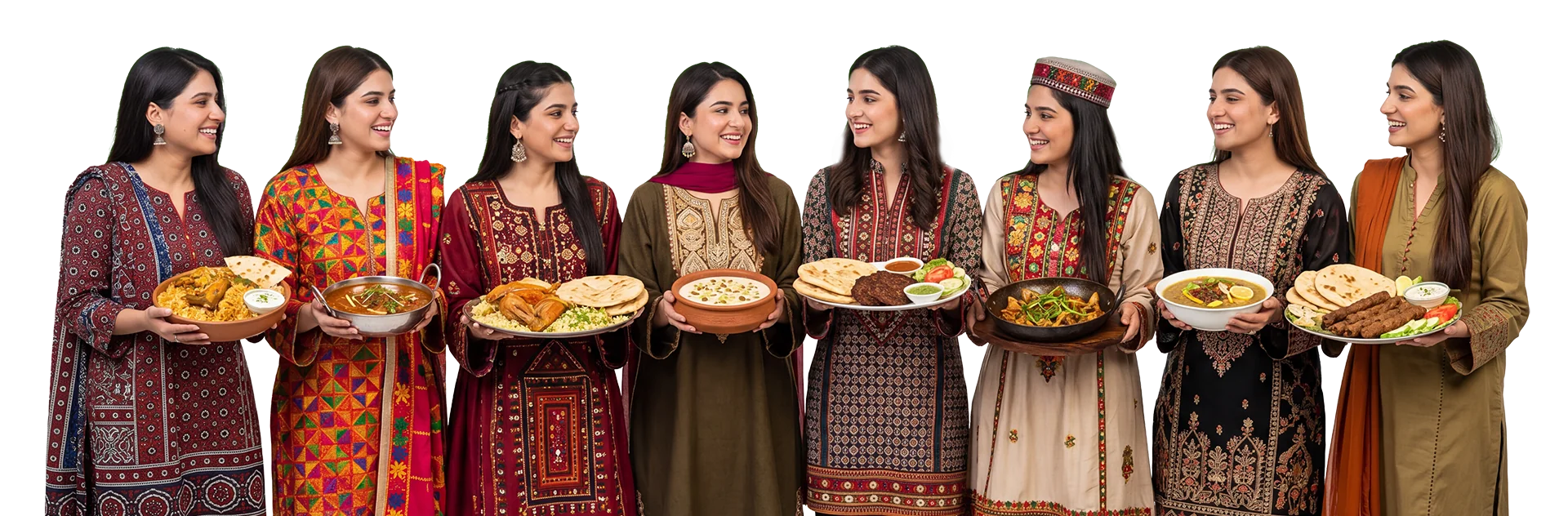 Women in traditional Pakistani dress presenting regional dishes