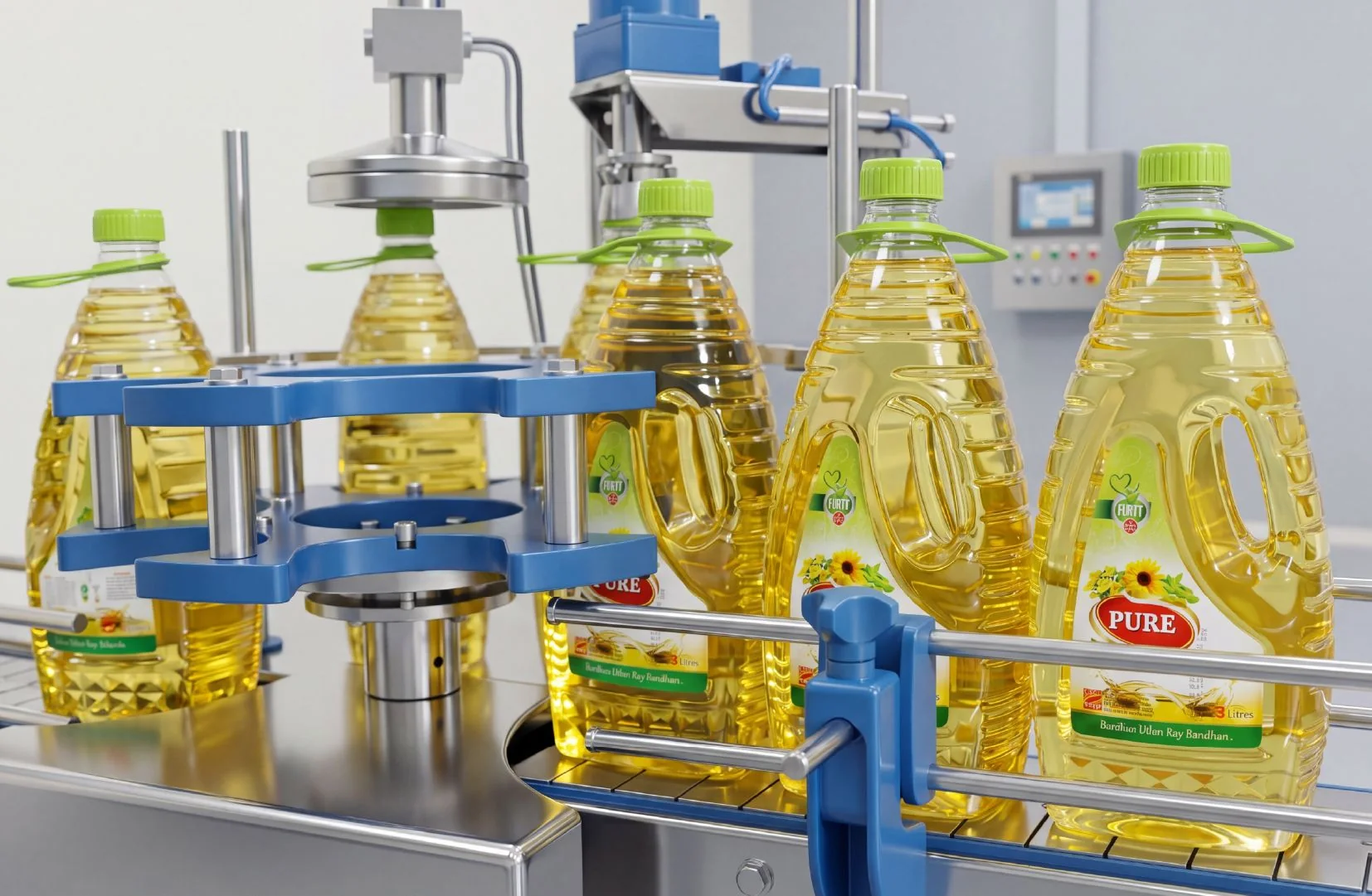 Oil bottles moving through an automated bottling line