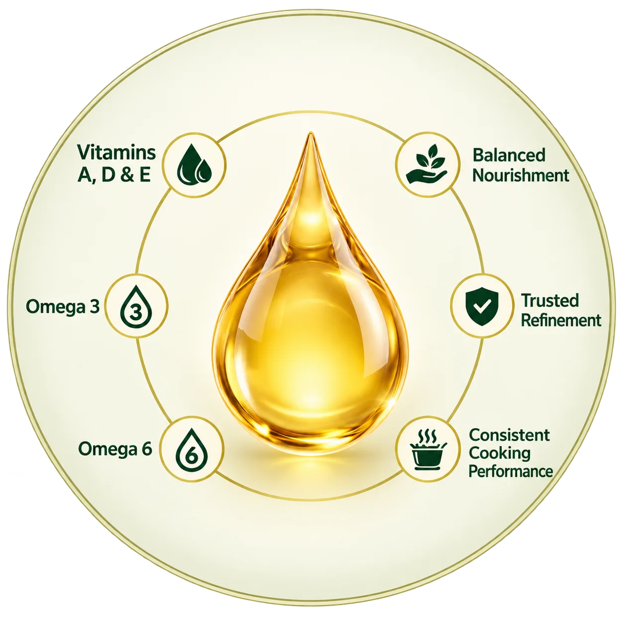 Nutritional highlights: Vitamins A, D and E; Omega 3; Omega 6; balanced nourishment; trusted refinement; consistent cooking performance.