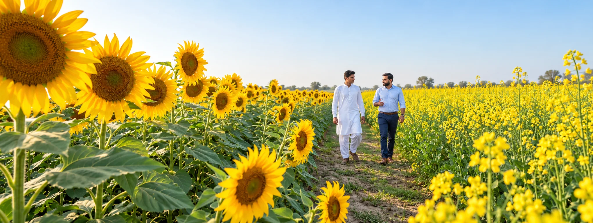 A Pakistani farmer and a professional representative walking between sunflower and flowering canola fields