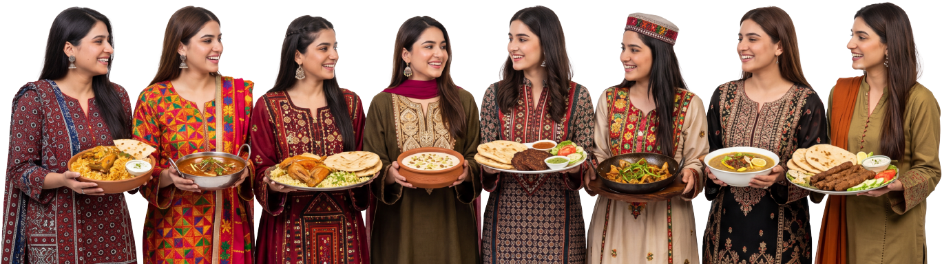 Women in traditional Pakistani dress presenting regional dishes