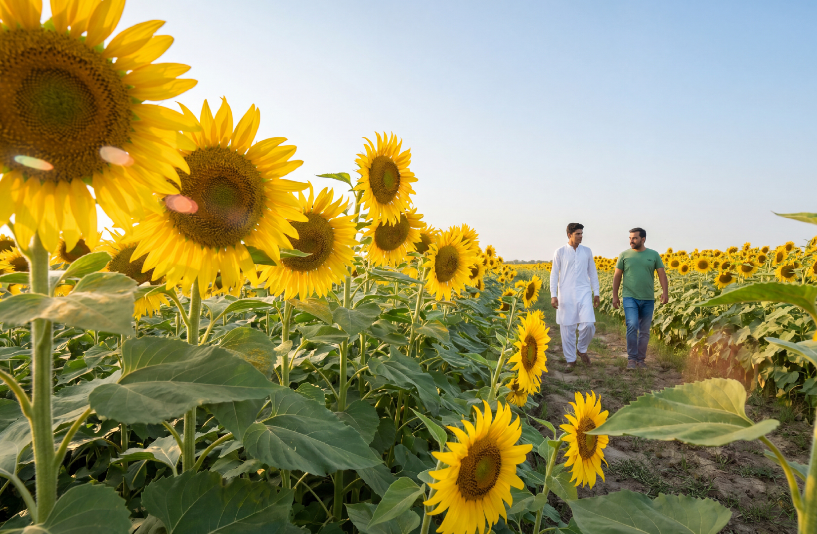 Farmers walking through a sunflower field in Pakistan