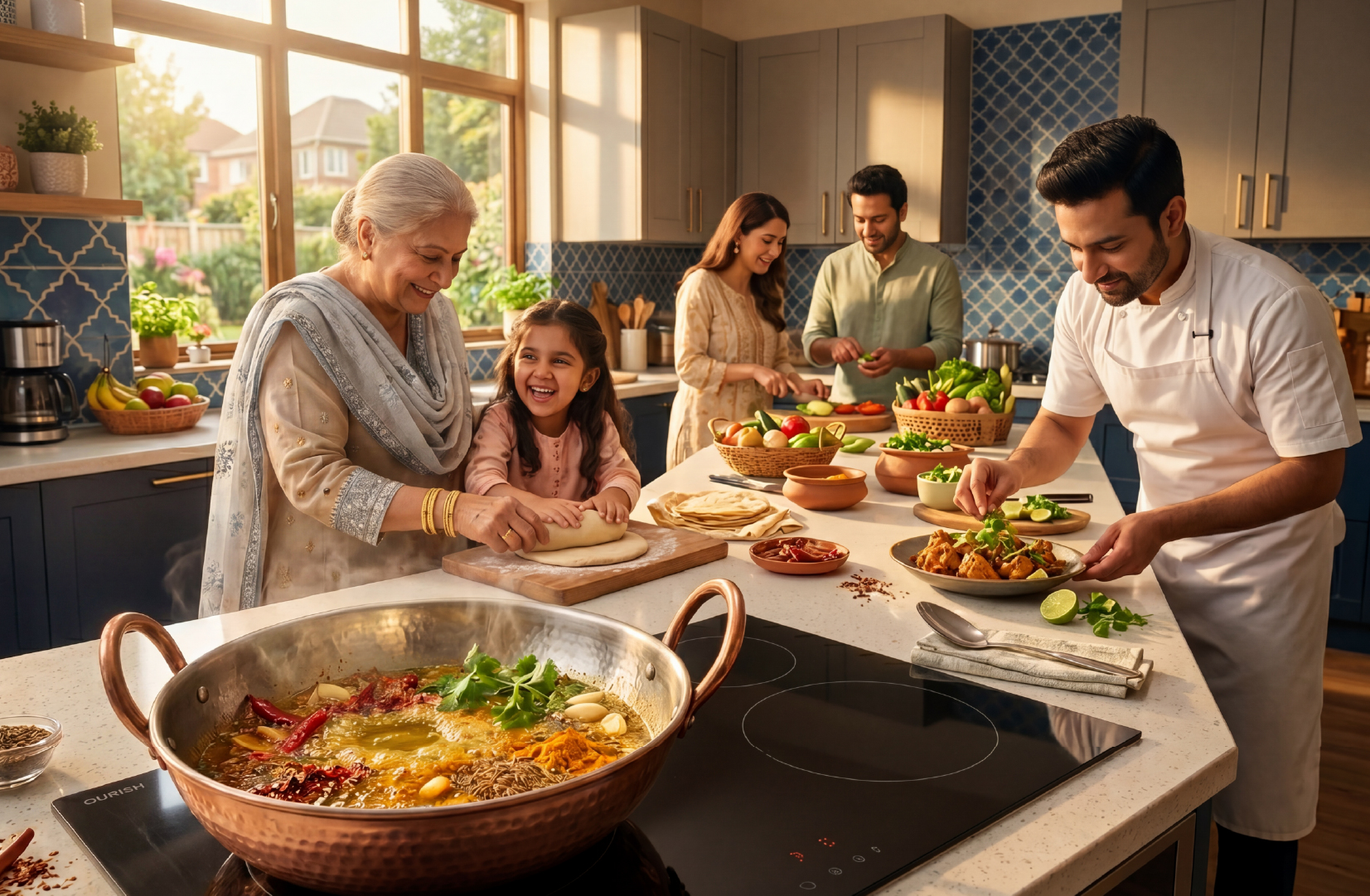 Multigenerational Pakistani family preparing a meal together in the kitchen