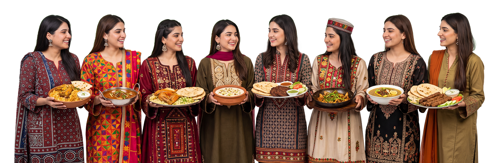 Women in traditional Pakistani dress presenting regional dishes