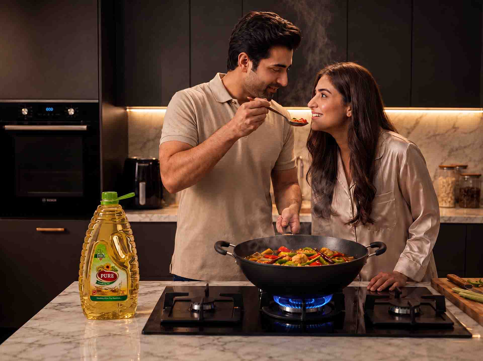 Family cooking together with Pure cooking oil